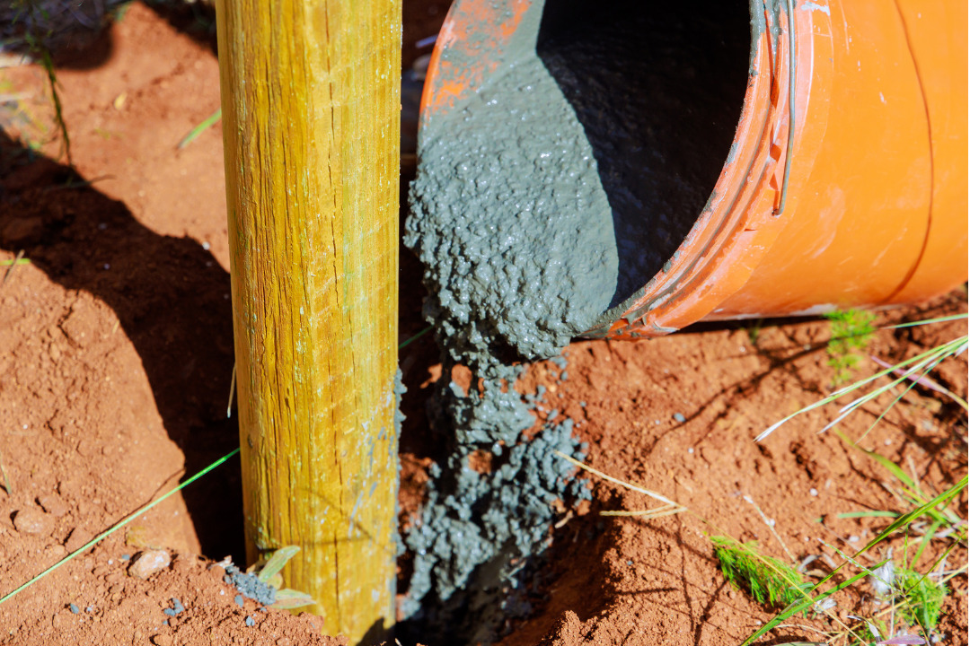 Wooden fence post being set in concrete in a dug hole having used a Concrete Per Fence Post Calculator to calculate the amount needed