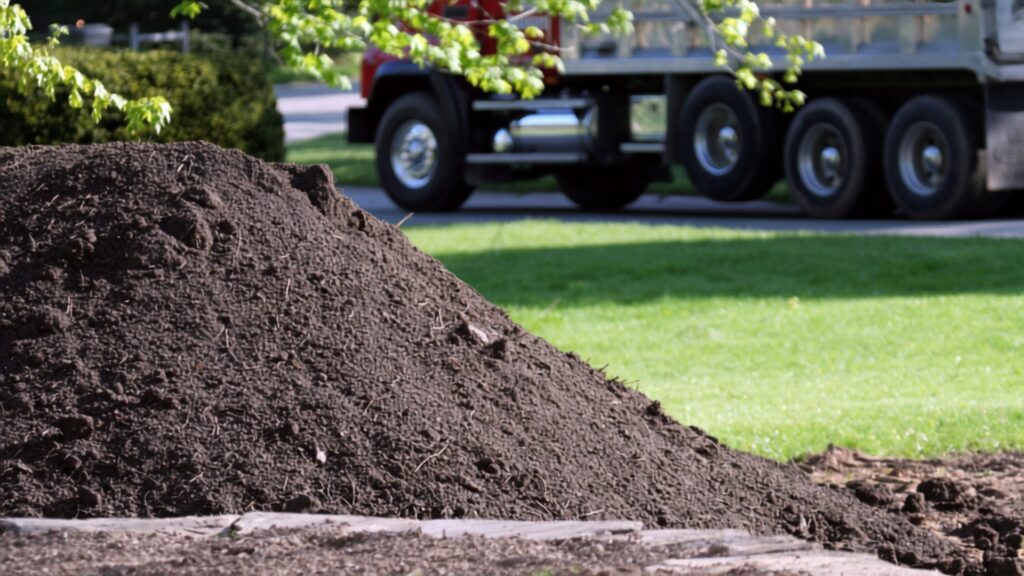 Large pile of dark topsoil delivered to a residential yard with a dump truck in the background after using a topsoil calculator to find out how much is needed