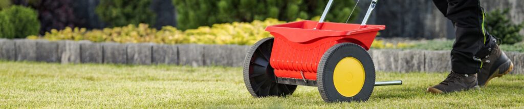 overseeding calculator showing seed spreader being pushed across green lawn
