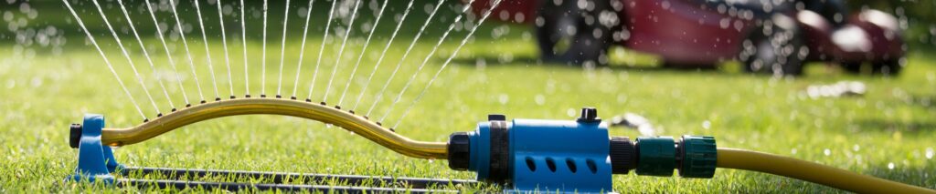 lawn sprinkler running in fall with leaves on the ground and cool morning light