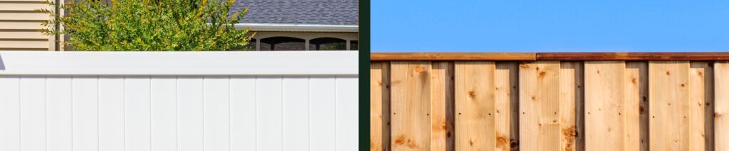 wood fence vs vinyl fence side by side comparison in residential backyard