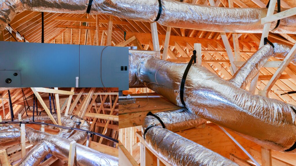 attic air handler unit with ductwork connections and condensate drain line