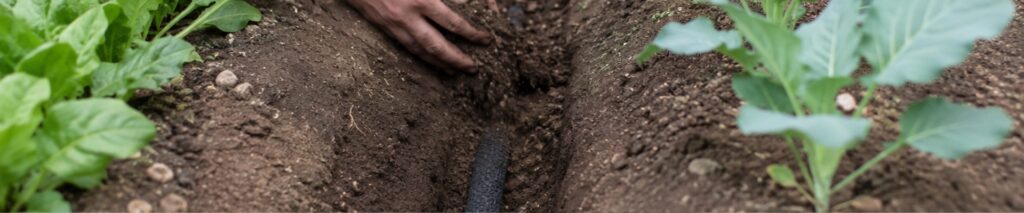 can you bury a soaker hose — person laying black soaker hose in a trench between vegetable garden rows