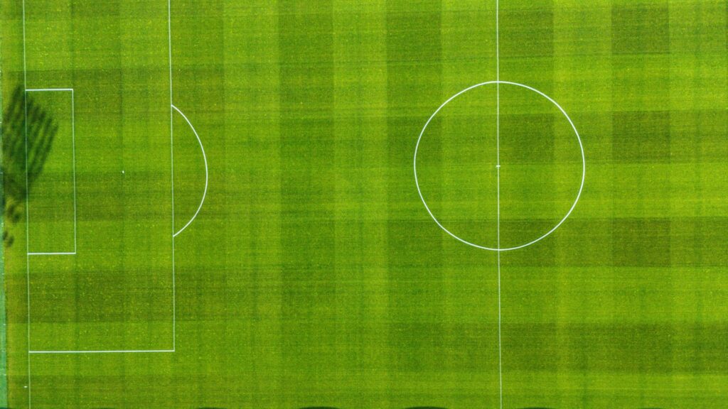 checkerboard lawn stripe pattern on a professional soccer field showing two perpendicular mowing directions