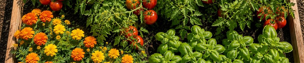 companion planting chart — raised garden bed with tomatoes, basil, and marigolds growing together