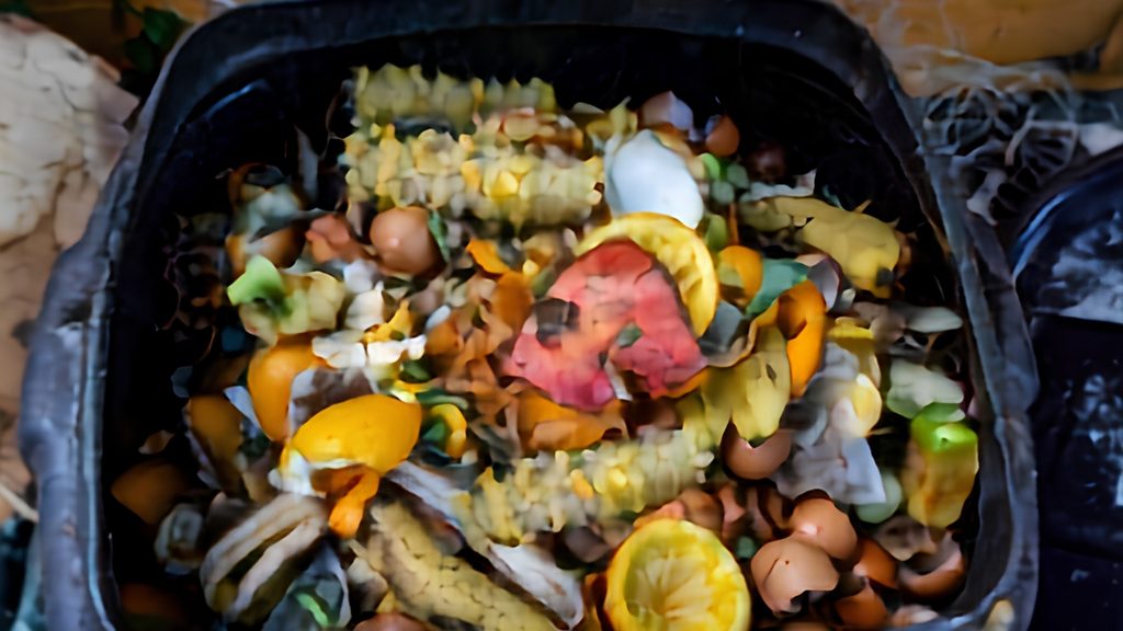 kitchen scraps including citrus peels, corn husks, and eggshells in a compost collection bin