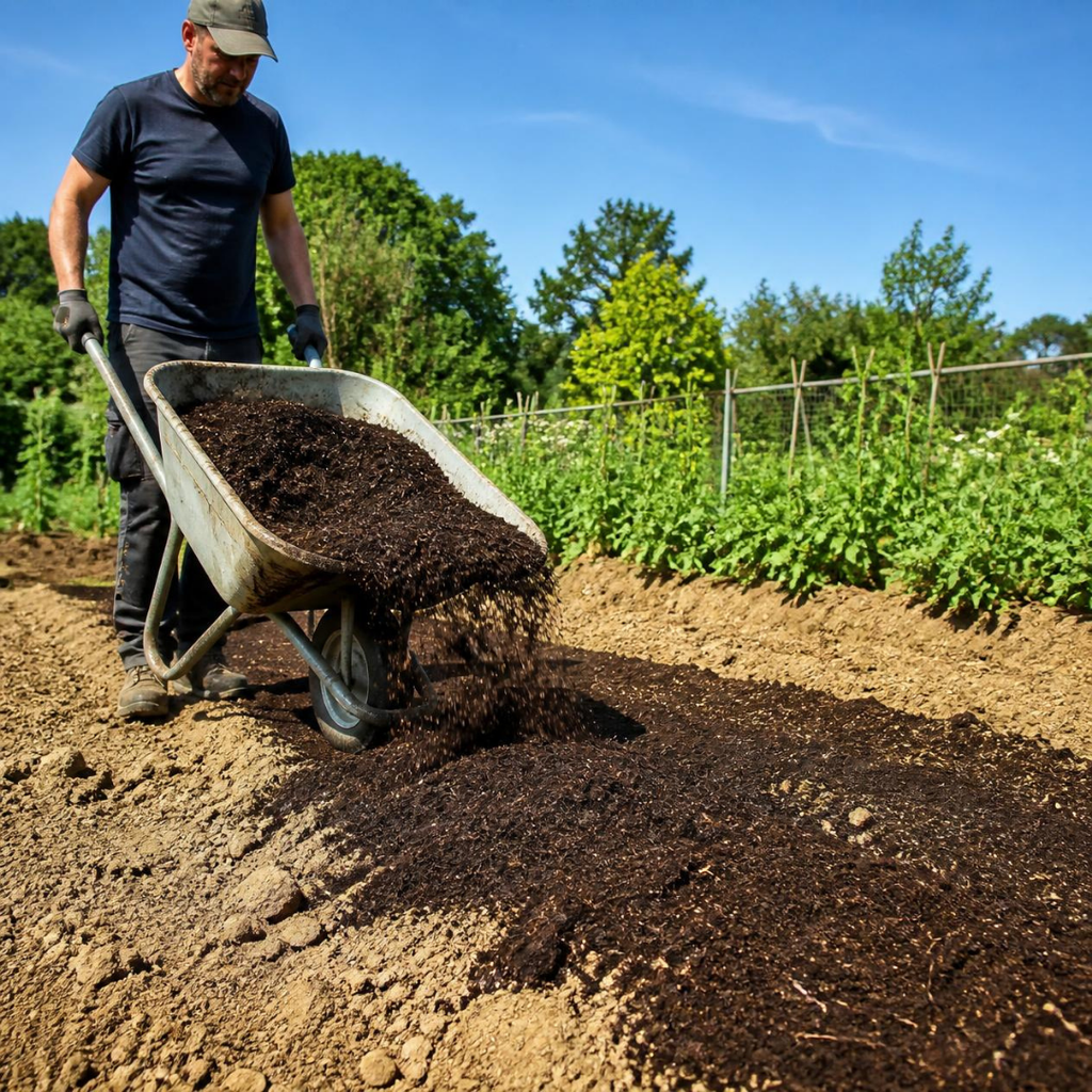 gardener spreading dark compost from a wheelbarrow over a bare garden bed to improve clay soil