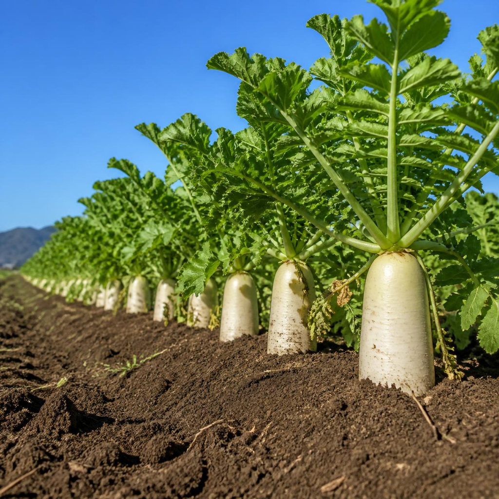 daikon radish cover crop growing in rows in fall garden — deep roots break up compacted clay soil