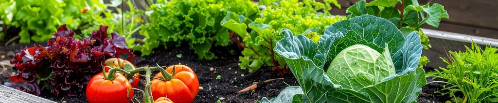 easiest vegetables to grow for beginners — raised garden bed with tomatoes, cabbage, and lettuce growing together