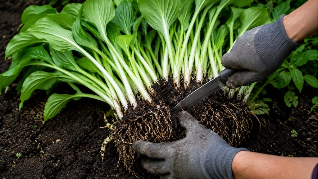 gardener dividing a hosta clump with a sharp knife showing roots and multiple shoots