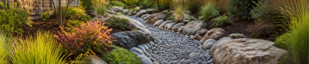 how to build a dry creek bed — landscaped dry creek bed with river rocks boulders and ornamental grasses