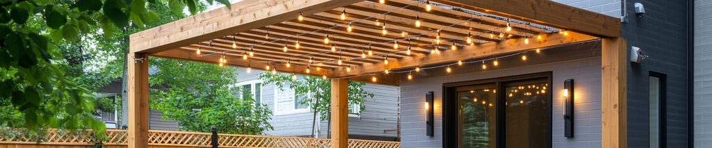 how to build a pergola in your backyard — modern wood pergola with string lights over outdoor patio furniture