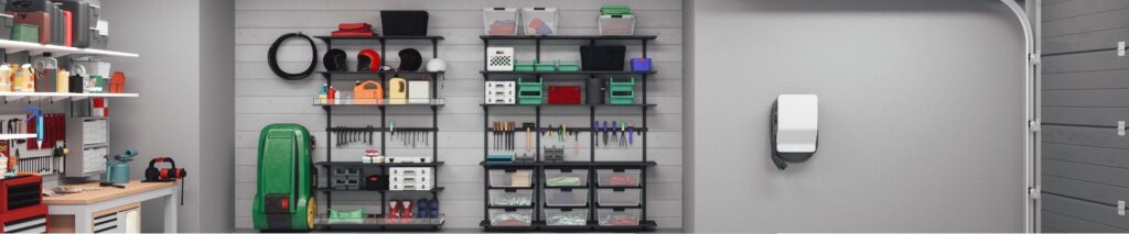 how to organize a garage — clean two-car garage with wall shelving and storage bins