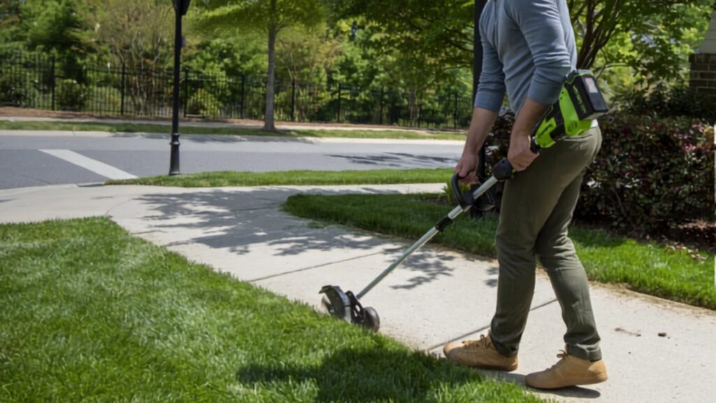battery powered lawn edger cutting a clean edge along a sidewalk