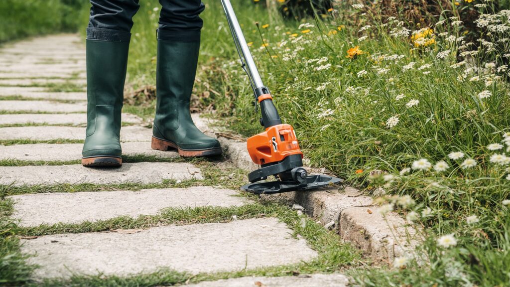 using a string trimmer to edge along a garden path