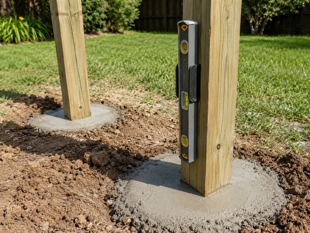 wooden pergola posts set in concrete with a post level tool clipped on during backyard pergola installation