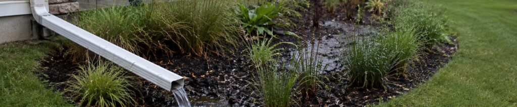 rain garden size calculator — downspout extension directing water into a planted rain garden in a suburban backyard