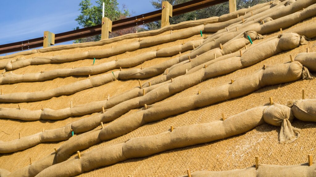 jute erosion control wattles staked into a slope to prevent soil erosion