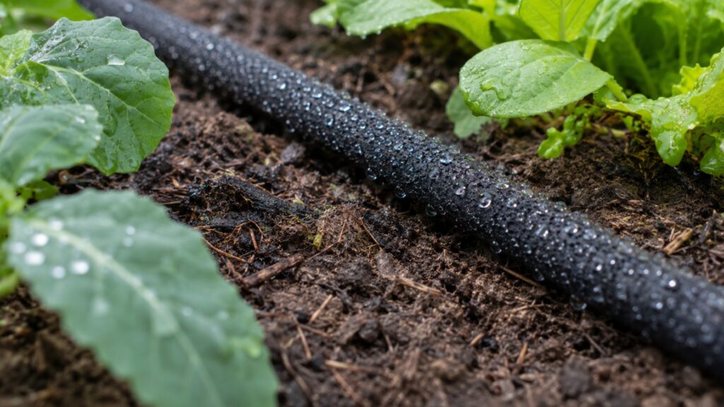 soaker hose with water beading along the surface between rows of leafy vegetables