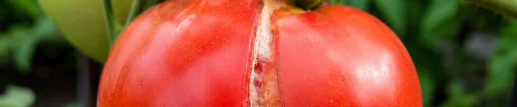 why do fruits and vegetables split open — ripe tomato on the vine with a vertical radial crack