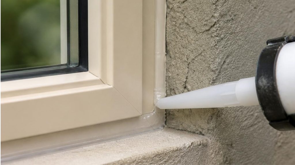 Sealant tube applying a smooth bead along the exterior edge of a window frame where it meets the wall