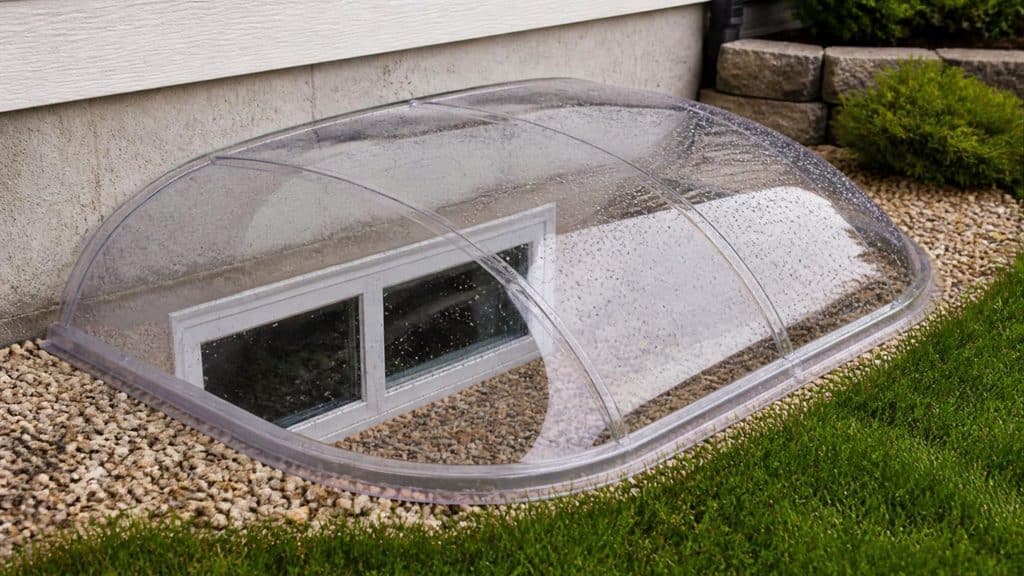 clear polycarbonate window well cover with rain beading over a basement window