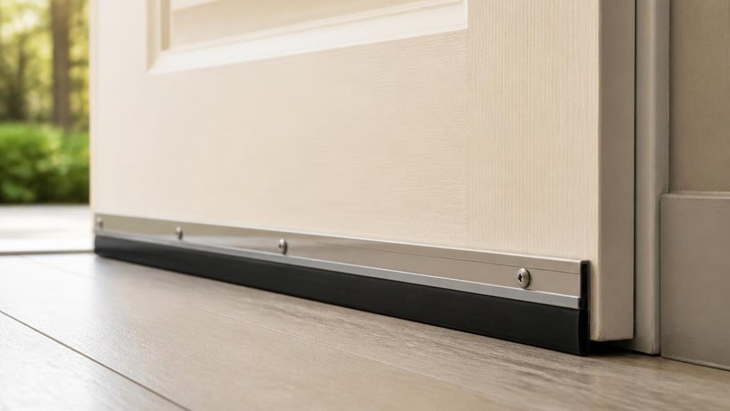 Door sweep pressed against the threshold at the bottom of an exterior door blocking cold air from entering