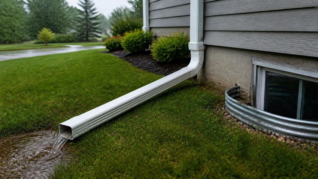 downspout extension carrying rainwater across the lawn away from a basement window well
