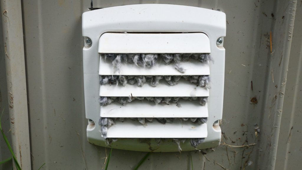 Exterior dryer vent cover on a house wall clogged with lint buildup