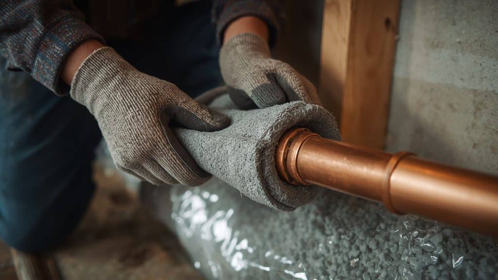 Gloved hands sliding foam pipe insulation onto a copper water pipe in an unfinished basement to prevent frozen pipes