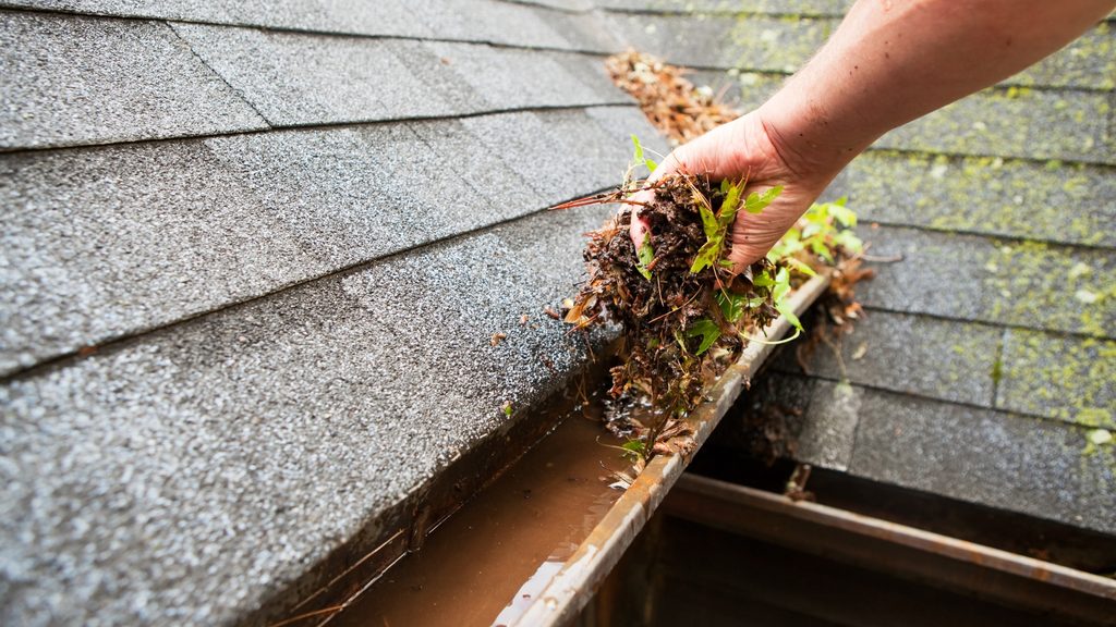 hand removing leaves and debris from a residential gutter during cleaning