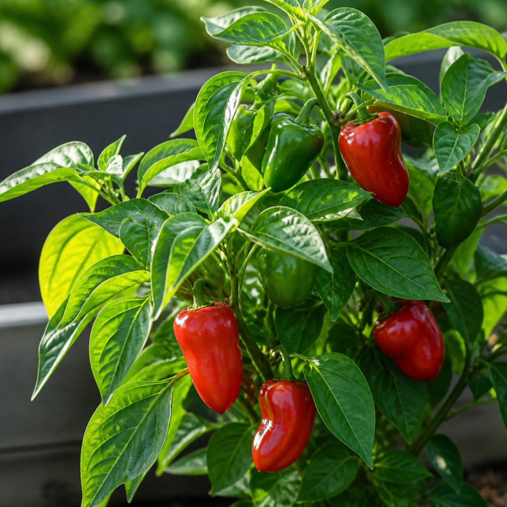 healthy pepper plant with flat deep green leaves and ripe red peppers — what a thriving pepper plant looks like