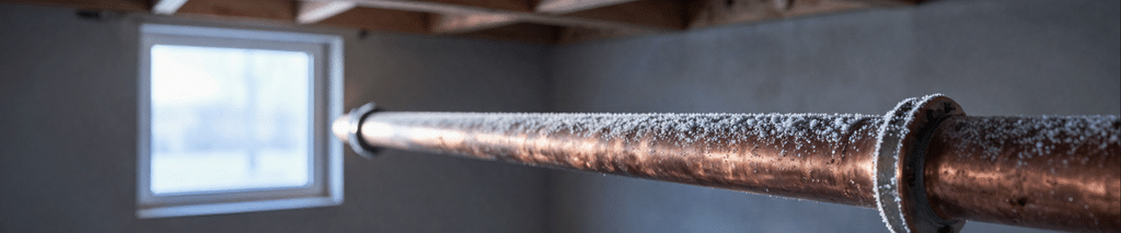 Frost-covered copper water pipe in an unfinished basement, showing how to prevent frozen pipes before winter