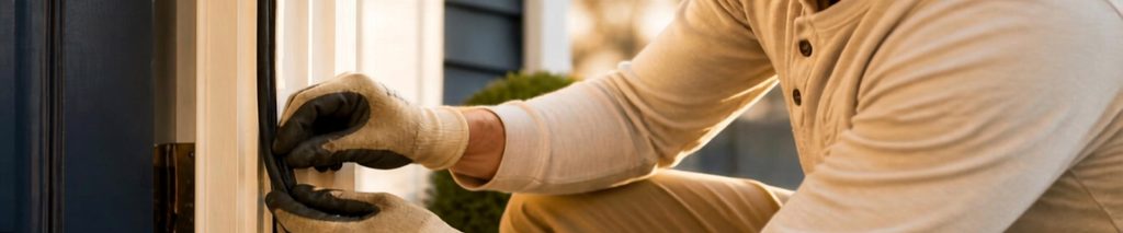 how to seal windows and doors for winter — person applying weatherstripping to a door frame