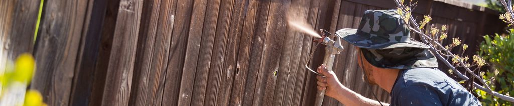 Man using a paint sprayer to apply stain to a wood privacy fence in a backyard. How to Stain A Wood Fence