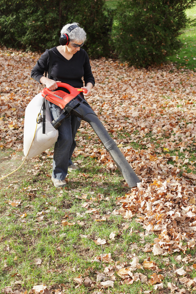 Person using a leaf blower to manage dry fall leaves in a yard