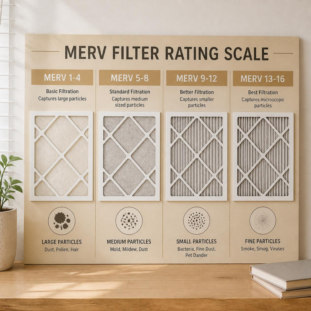 MERV filter rating scale infographic showing MERV 1-4 through MERV 13-16 and what each rating captures