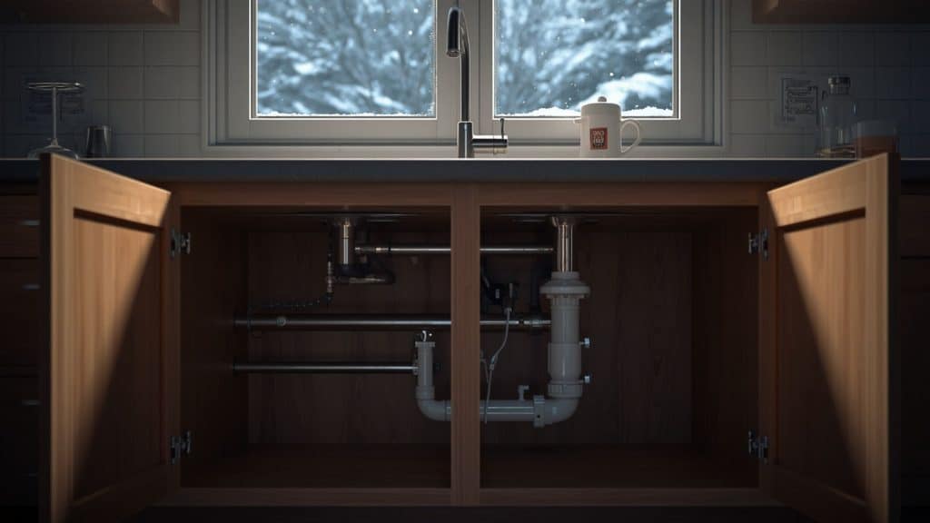 Kitchen sink cabinet doors left open on a winter night so warm room air can reach the pipes and keep them from freezing