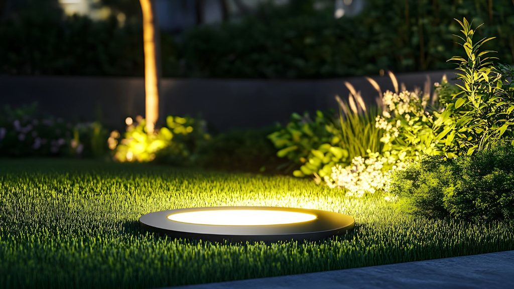 in-ground spotlight illuminating garden plants and grass at night