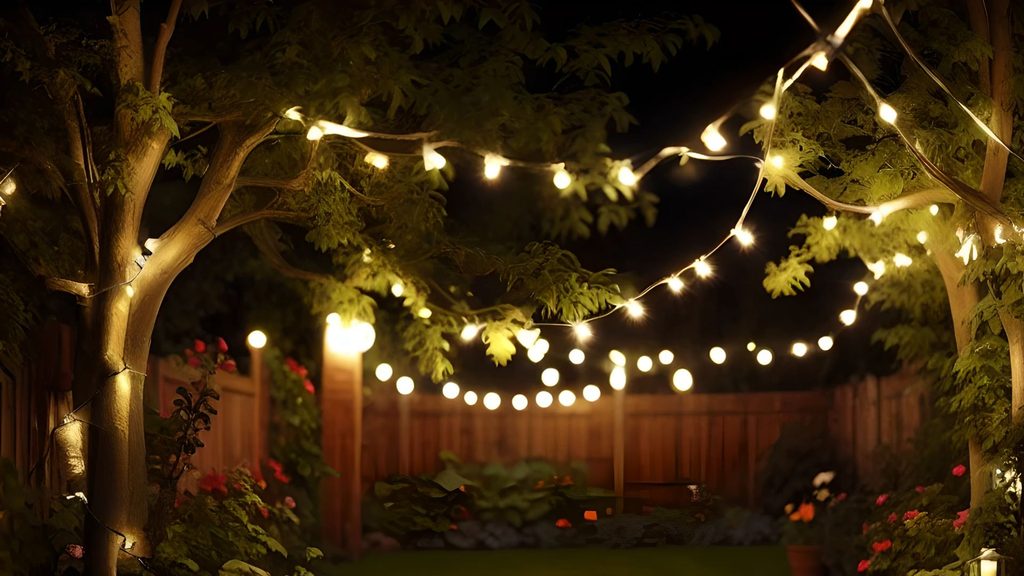string lights draped over trees above a garden patio at night