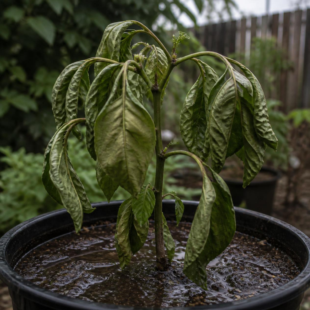 pepper plant leaves curling downward with soft drooping foliage in a waterlogged container — sign of overwatering or root stress