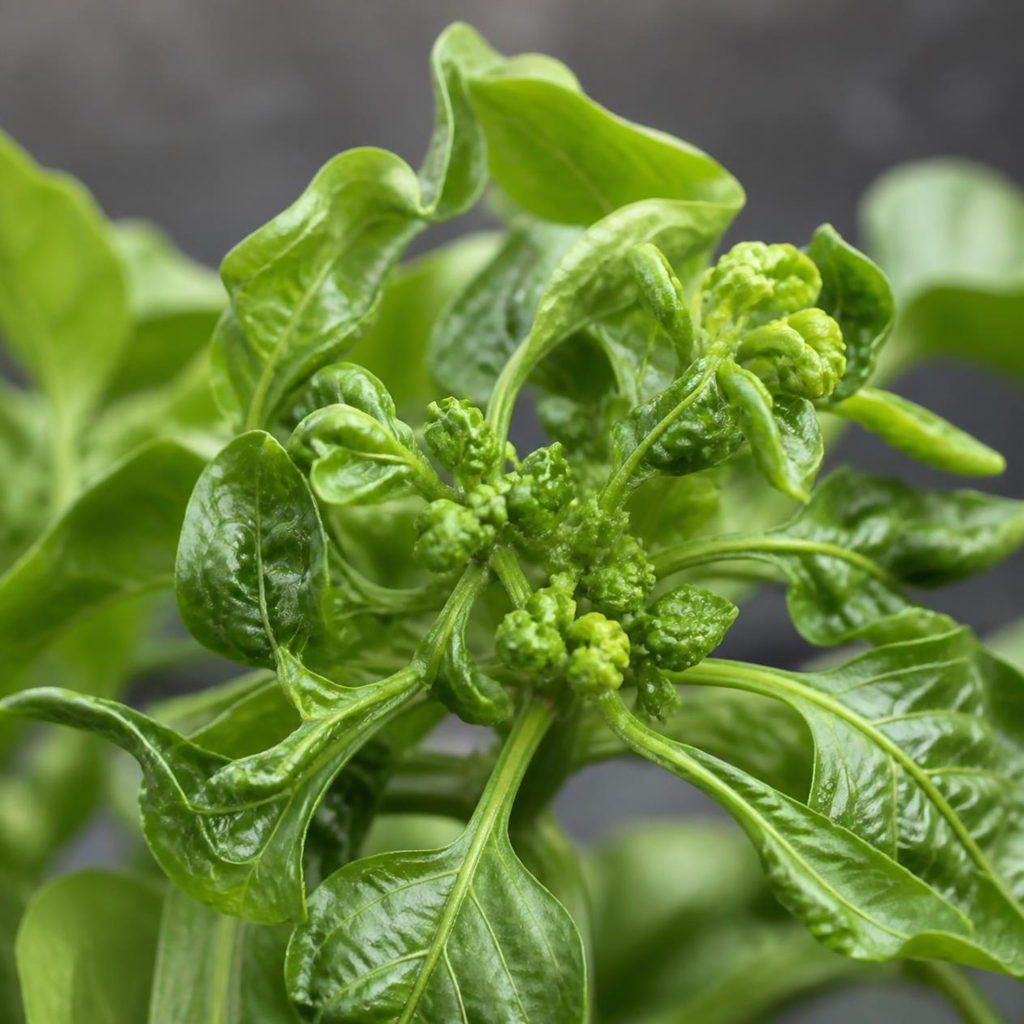 severely twisted and distorted new pepper plant growth with cupped asymmetric leaves — sign of herbicide drift damage