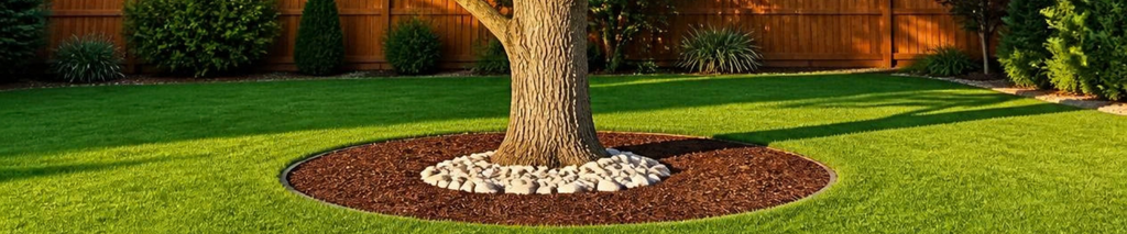Mature shade tree in a backyard with a beautifully landscaped circular mulch ring bordered by metal edging and accented with white river rocks