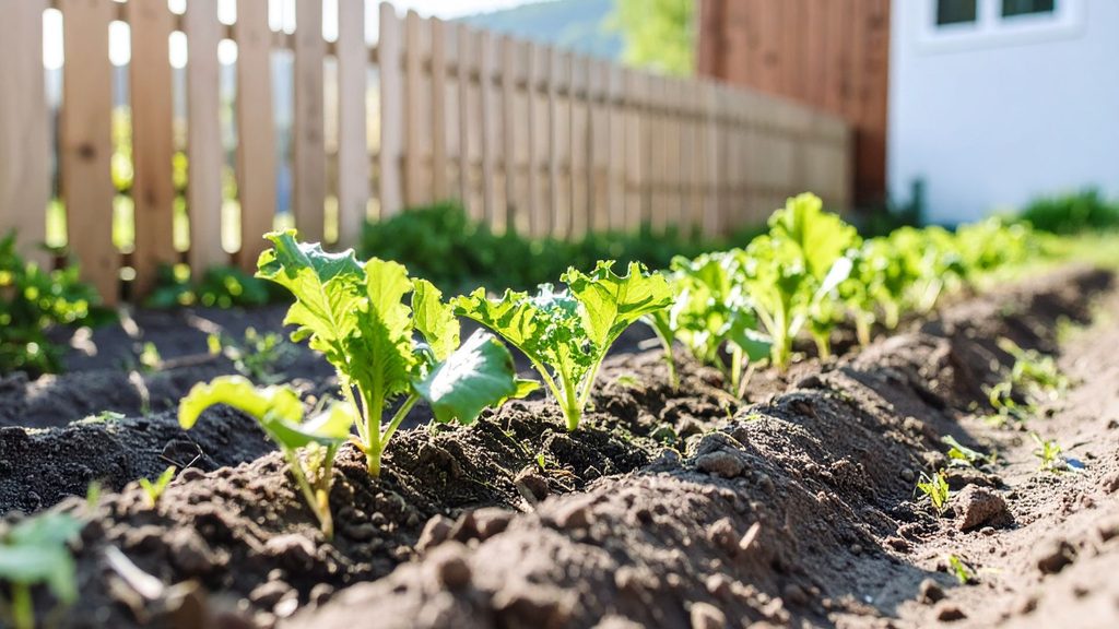 rows of vegetable seedlings in garden bed with wooden picket fence in background