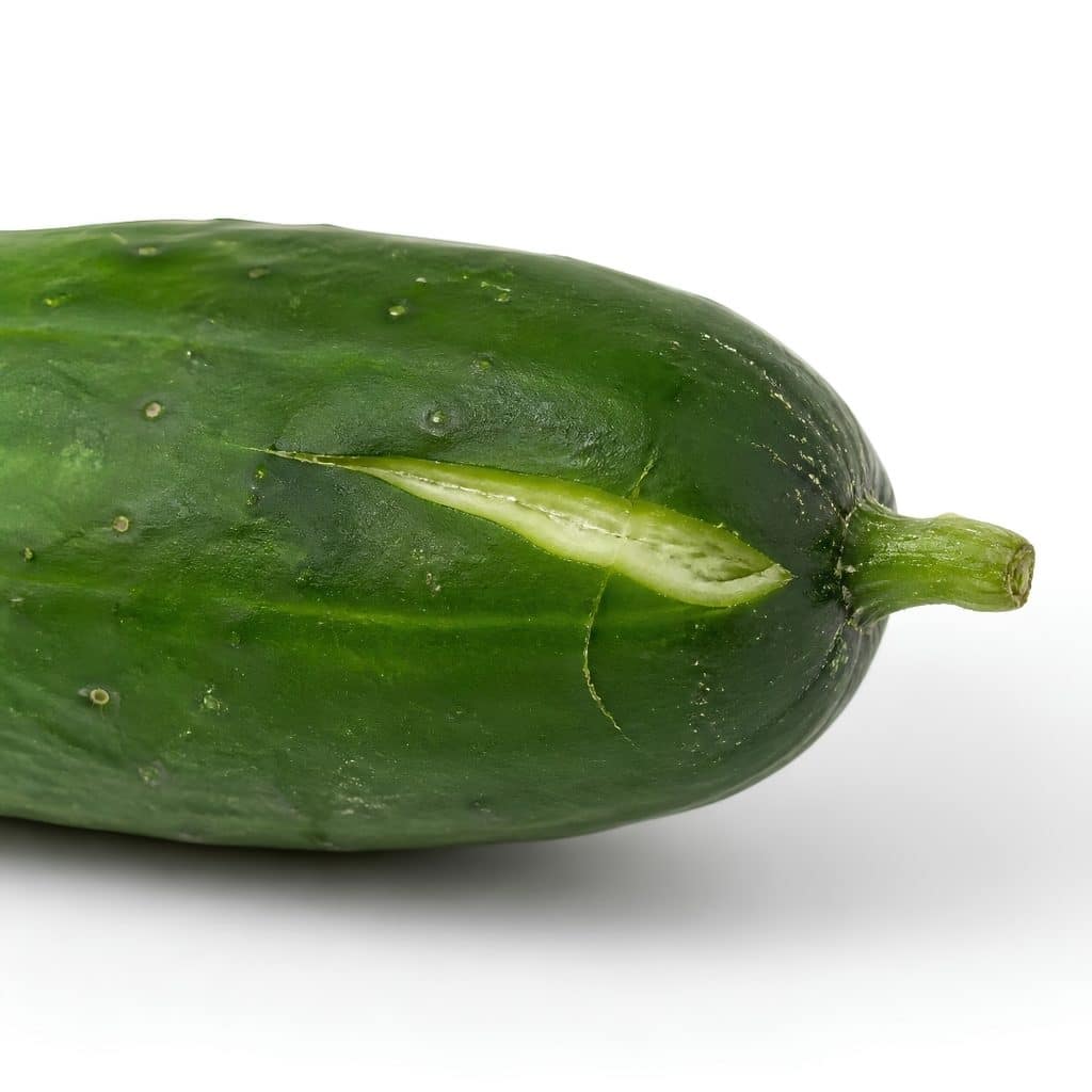split cucumber with a natural crack near the stem end showing burst skin from inconsistent watering
