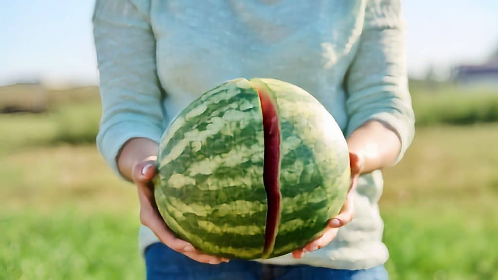 gardener holding a split watermelon with a visible crack through the rind in an outdoor field