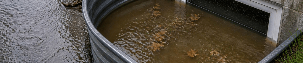 window well flooding with muddy rainwater rising over the bottom of a basement window