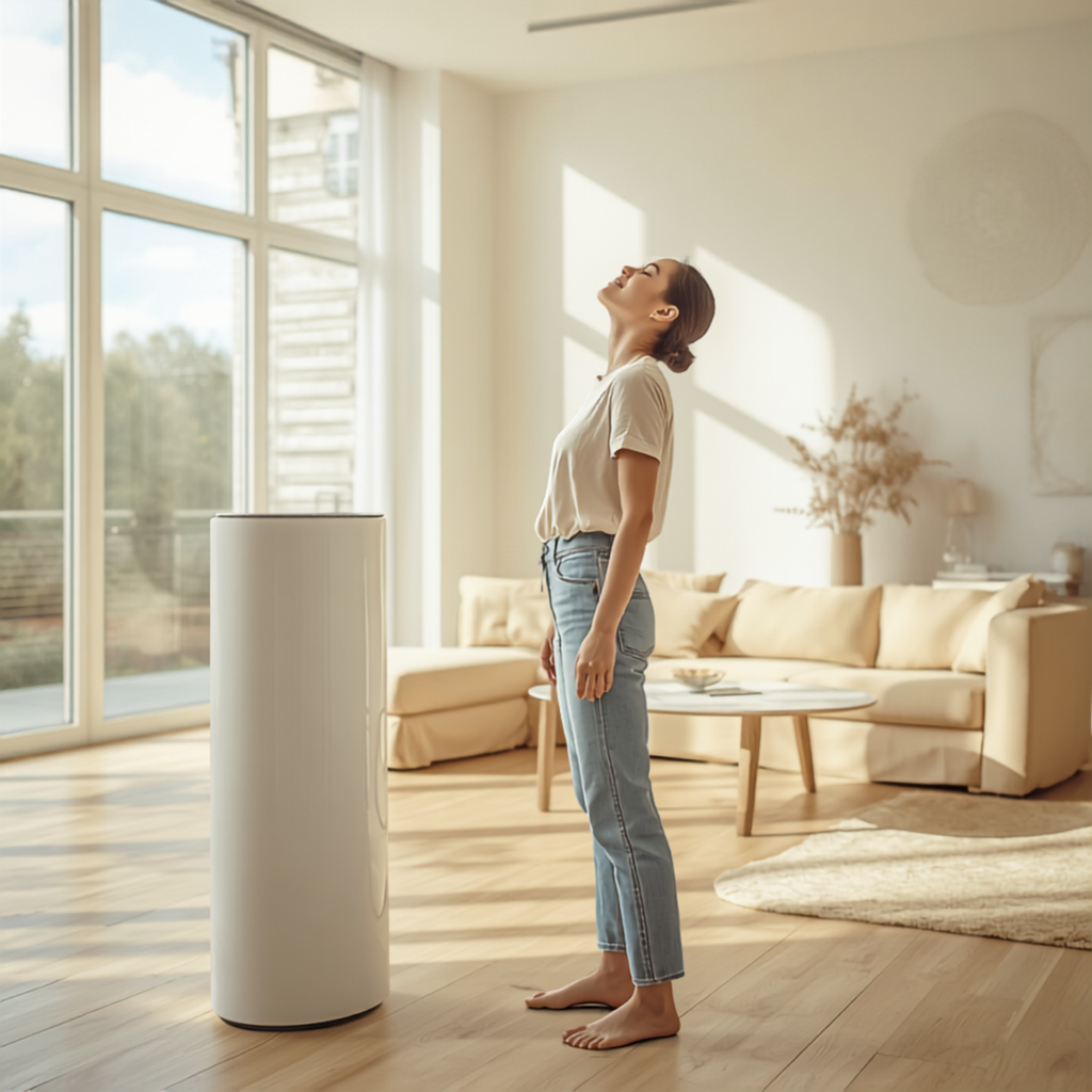 Woman standing next to a white air purifier in a bright modern living room with her head tilted back enjoying clean air