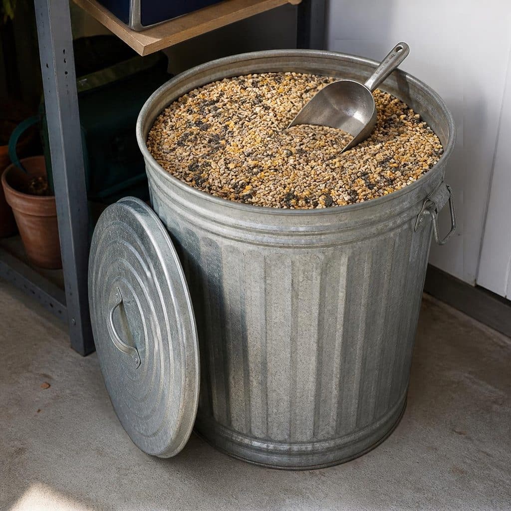 Galvanized metal trash can with a tight lid filled with birdseed in a garage, a mouse-proof way to store seed and pet food