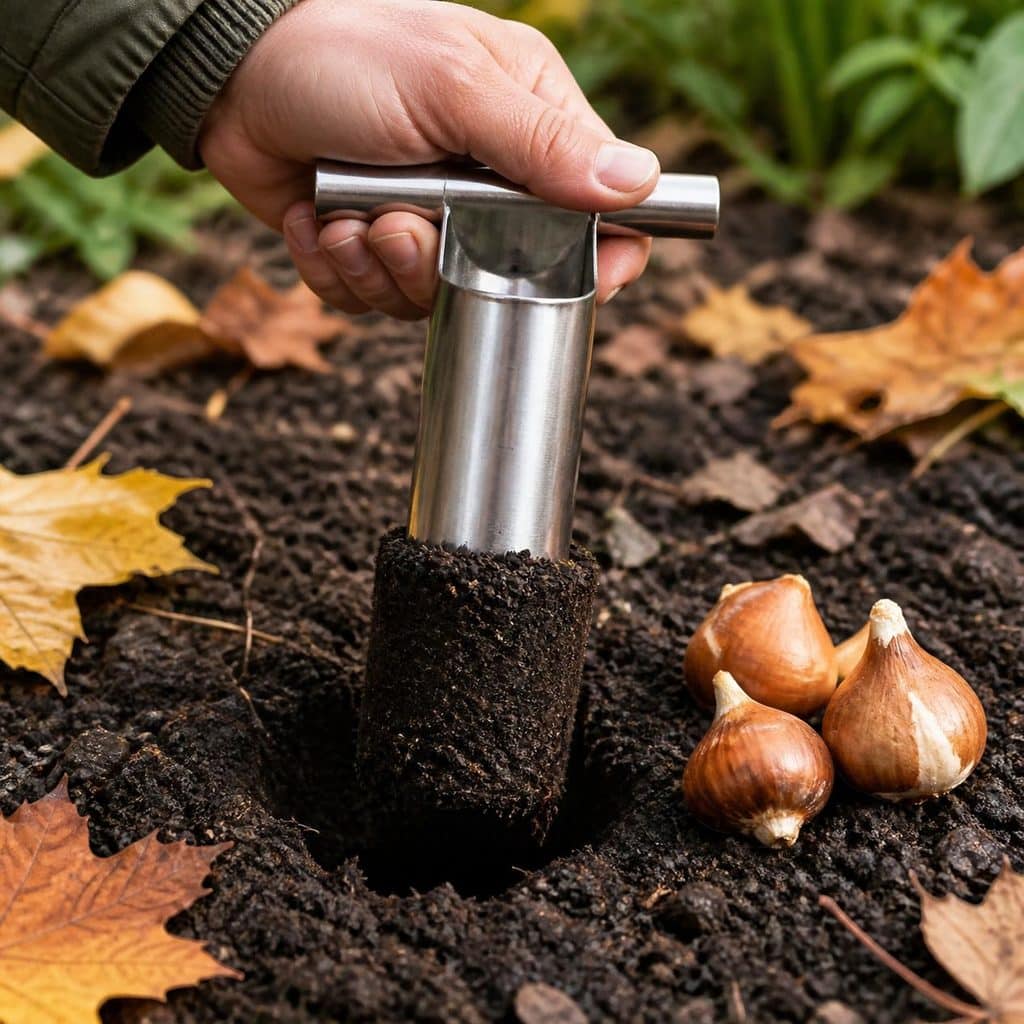 Hand pushing a metal bulb planter into garden soil to pull out a plug for planting tulip bulbs at the right depth